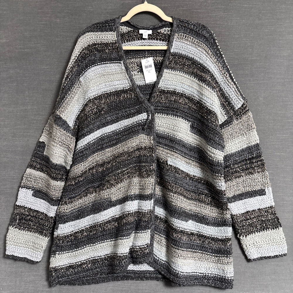 NEW J Jill Cardigan XL Zinc Multi Gray Cotton Open Knit Sweater Heavy Chunky